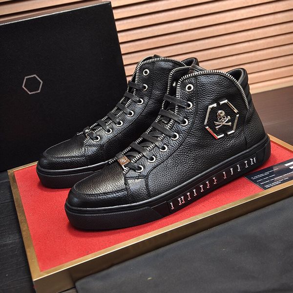 

2021 winter high help mens solid color casual shoes fashion metal designer shoe runner trainers genuine leather lace-up genuine leather, Black