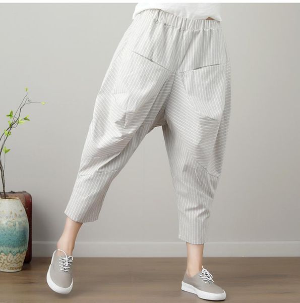 

women's pants & capris missky casual summer cotton and linen plus size loose harem cropped trousers for female, Black;white