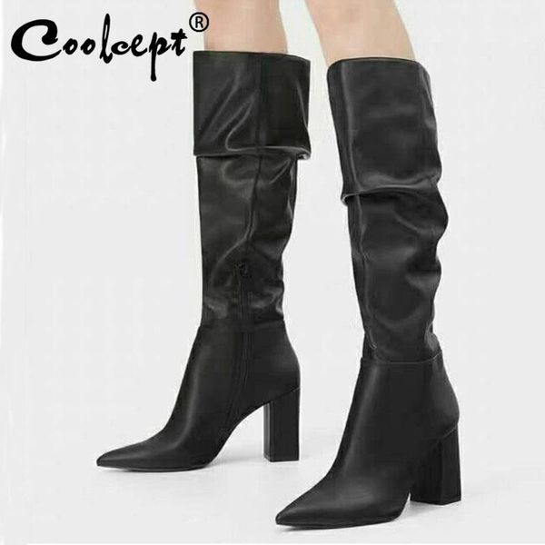 

boots coolcept real leather over the knee pointed toe thick high heel zipper solid color winter ladies footwear size 33-431, Black