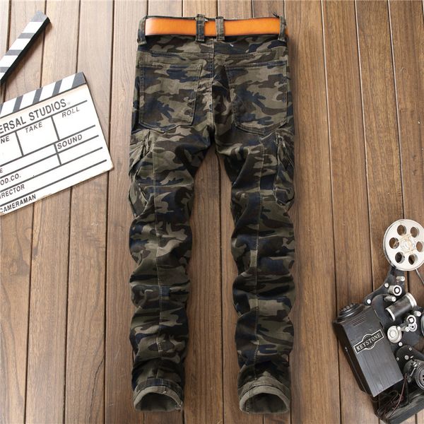 

men's jeans men pants fashion brand korean uniform style tight pockets multi zipper camouflage stitching rcv3, Blue