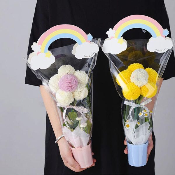 

gift wrap flower packing bag transparent opp bouquet packaging box with rainbow tote clear wrapping for valentine's day