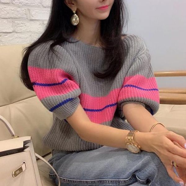 

women's sweaters women autumn fashion short sleeve sweater color contrast striped knitted all match o neck loose casual pullovers shirt, White;black