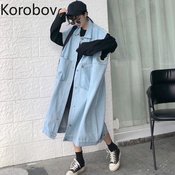 

women's jackets korobov 2021 arrival korean sleeveless denim jacket long single breasted women coats streetwear harajuku coat 77937, Black;brown