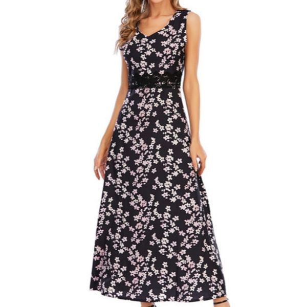 

charming dresses women's mid long lace sleeveless print, Black;gray