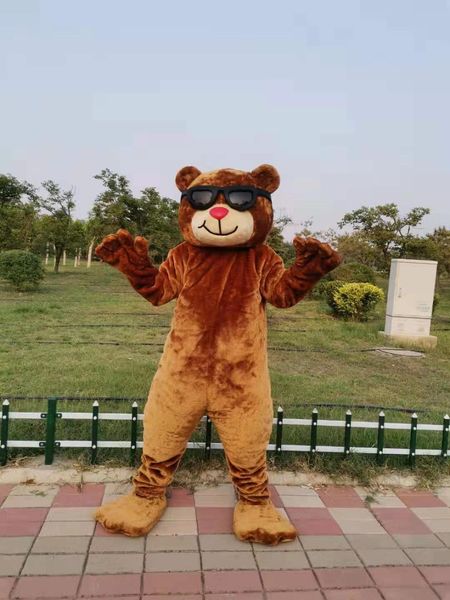 

real picture brown bear wearing glasses mascot costume fancy outfit cartoon character party dress, Red;yellow