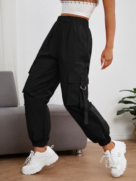 

petite elastic waist flap pocket buckle cargo pants a9o1#, Black;white