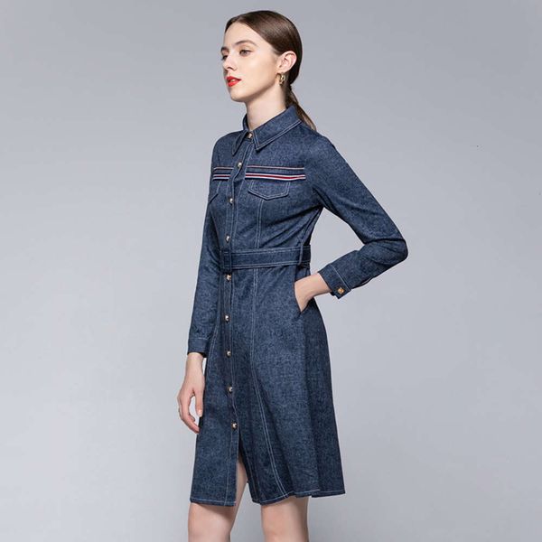 

dress dressautumn and winter women's fashion foreign style lapel ribbon single breasted denim skirt waist with belt, Black;gray