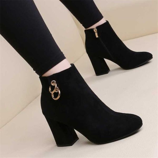 

retro women warm and velvet women's boots vintage block heel ankle side zipper high heels shoes big sizes 35-43, Black