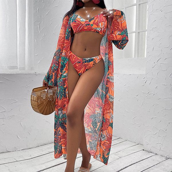

summer beach wear boho print 3 pieces bikini set strap bandeau bikinis swimsuit sarongs women swimwear cover-ups a880 210420, White;black