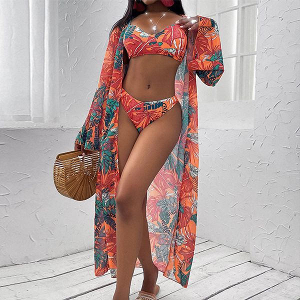 Summer Beach Wear Boho Print 3 pezzi Bikini Set Sexy Strap Bandeau Bikini Costume da bagno Parei Costumi da bagno donna Cover-up A880 210420