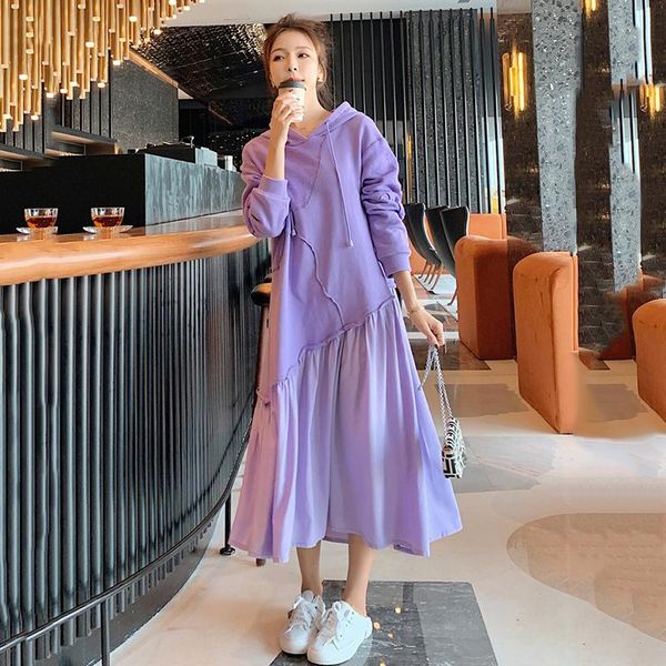 

casual dresses [ewq] hooded women's autumn middle long 2021 fashion sleeve splicing early over knee dress tide 16e4139, Black;gray