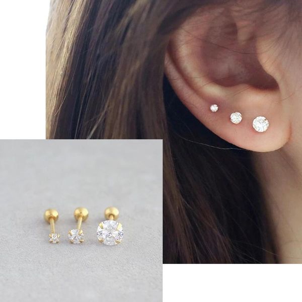 

sterling silver stud earring hypoallergenic tiny zircon earrings sparkly round for women fashion jewelry w3, Golden;silver