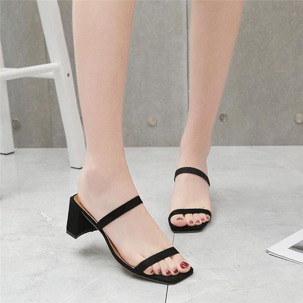 

slippers summer women casual high heels sandals fashion candy colors female flip flops vacation square heelshoes woman, Black