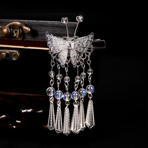 

hair accessories qianji children's antique hanfu hairpin side clip tassel butterfly and wind silver bell costume headdress, Slivery;white