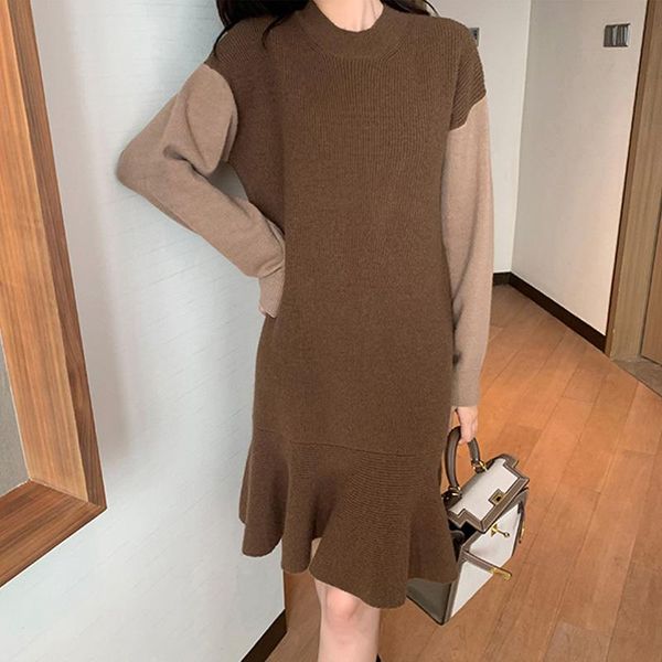 

casual dresses one-piece korean long sleeve knitted sweater women 2021 autumn winter elegant knit dress woman mermaid lady, Black;gray