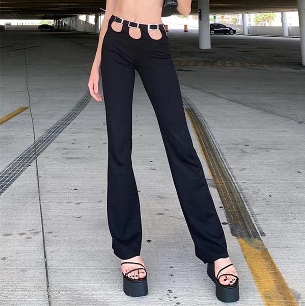 

women's pants & capris women fashion streetwear slimming bottoms clothes female solid black hollow cutout high waist flare long trouser, Black;white