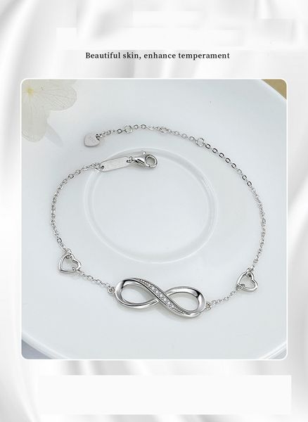 Bracciale regolabile da donna in argento sterling 925 con cuore infinito, simbolo di amore infinito, gioielli placcati in oro bianco per donne e ragazze