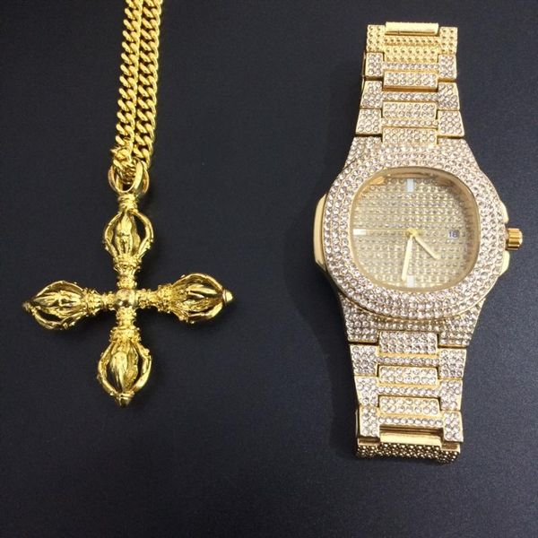 

earrings & necklace men hip hop out cuban gold tone rhinestone watch karma-vajra cross pendant miami set fashion luxury jewerly sets, Silver