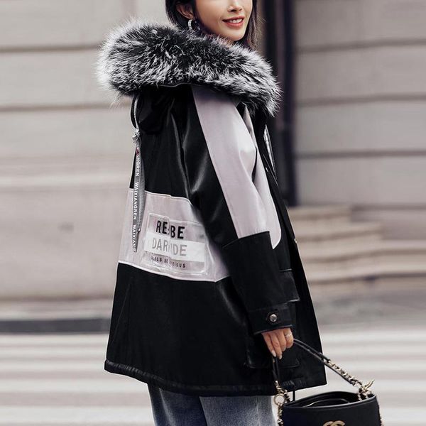 

women's fur & faux 2021 winter fashion parka women color matching hooded bright face coat liner real collar outerwear female, Black