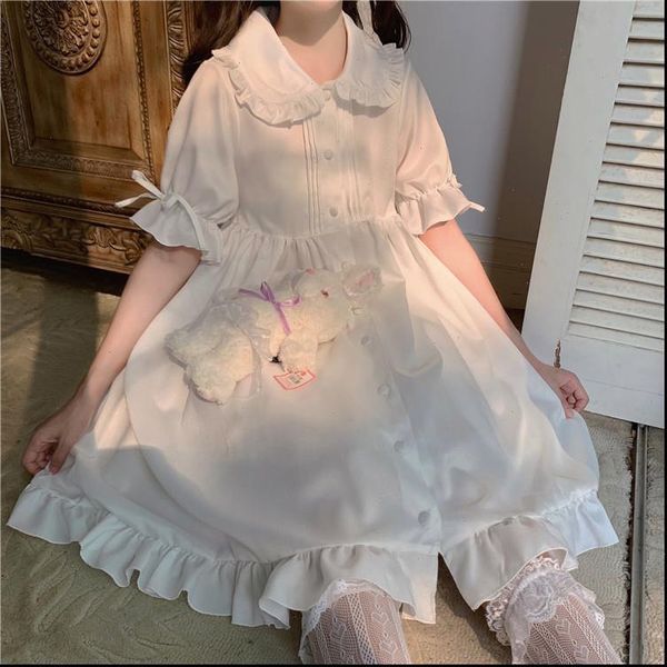 

womens dress japanese sweet girl lolita drees kawaii peter pan collar cute ruffle puff sleeve solid color elegant retro lady, Black;gray