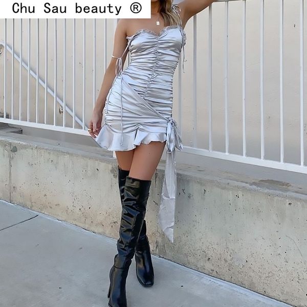 

summer deeo v-neck backless sling mini dress women party evening chic ruffles sleeveless dresses female vestidos 210508, Black;gray