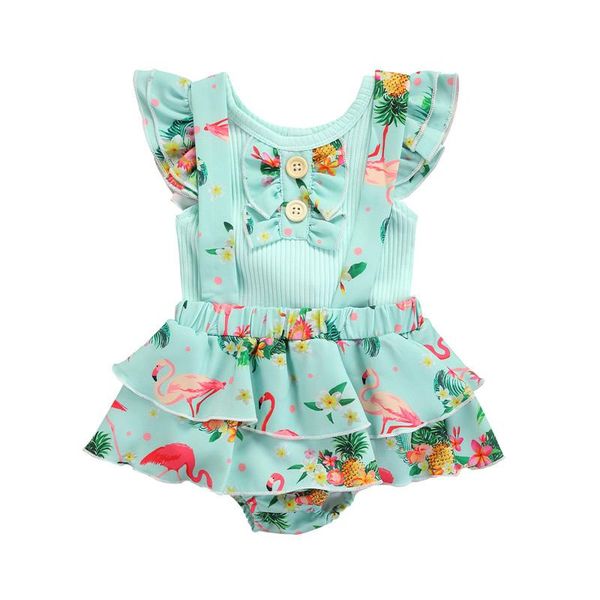 

clothing sets 2 pcs born flamingo print outfits baby girls ruffled ribbed sleeve round neck t-shirt + suspender pants, White