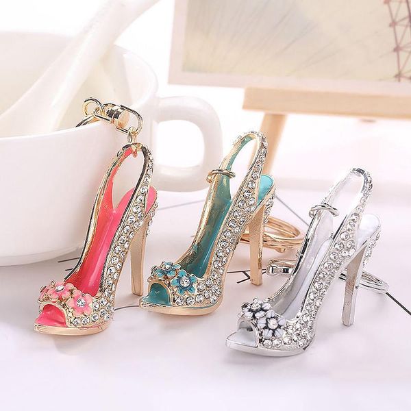 

keychains fashion high heel shoe keychain rhinestone crystal purse car key chain bag pendant decorative alloy keyring gifts accessories, Silver