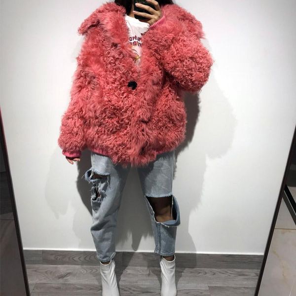 

women's fur & faux women natural jacket ladies real lamb, Black