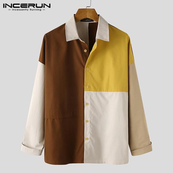

men patchwork long sleeve shirt spring man turn down collar button blouse casual stitching color blusas streetwear s-5xl men's shirts, White;black