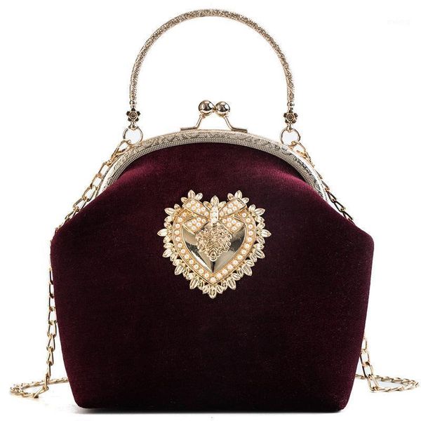 Abendtaschen 2021 Femme Retro Samt Perle Handtasche Vintage Velour Herz Design Tasche Hochzeit Party Braut Kupplung Abzeichen Geldbörse2668