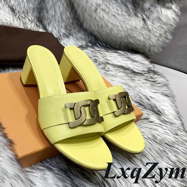 

official website 70% off outlet summer metal chain decoration slippers sandals leather round peep toes square heel street women all-match pa, Black