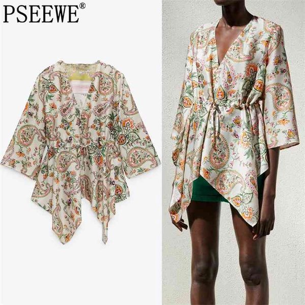 

women blouse asymmtric print elegant woman fashion belt v neck button vintage female thin summer blouses 210519, White