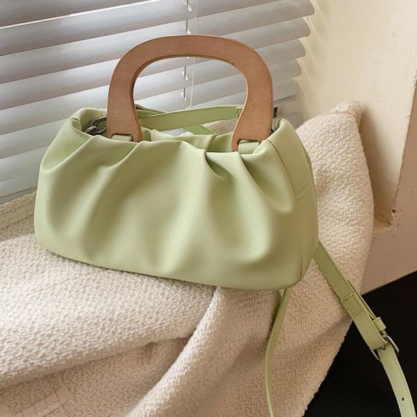 

evening bags solid color pleated clouds bag small wood handle tote pu leather women's designer handbag luxury crossbody shoulder