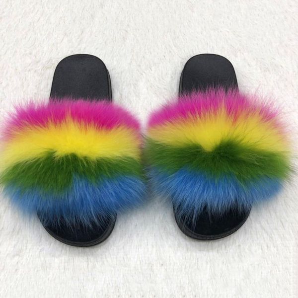 

slippers swonco natural fur slipper women summer shoes slip on 2021 female causal furry slides luxury for, Black
