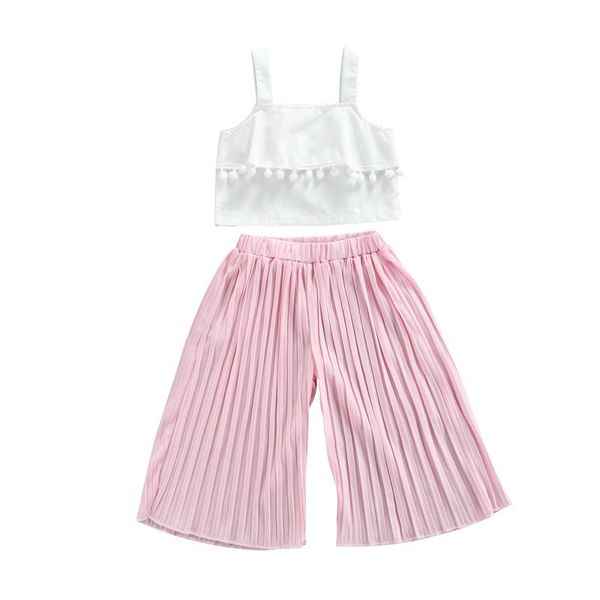 

clothing sets baby & children's girls clothes solid color plush ball decoration sleeveless suspender + ruched wide leg pants set, White