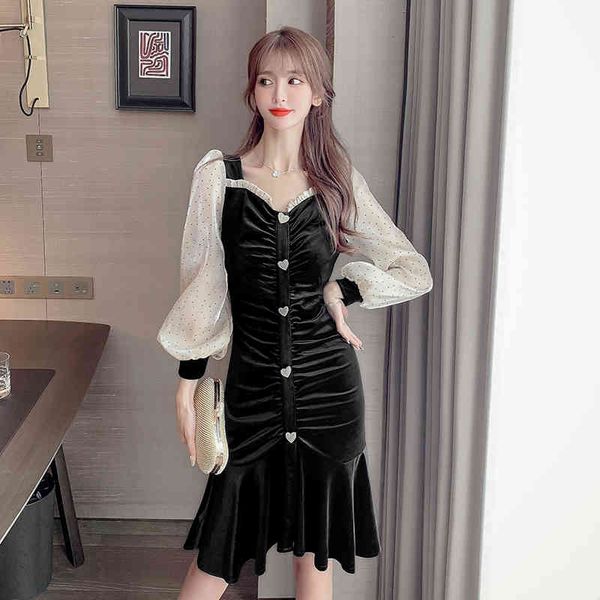 Autumn Women Lantern Sleeve V Neck NeckWork Velvet Elegante Corea Chic Ufficio Sirena Midi Dress 210514