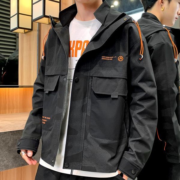 

men's jackets 2021 autumn and winter jacket coat hooded camouflage season cashmere, Black;brown