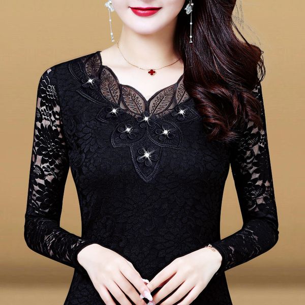 

women spring autumn style lace blouses shirts lady casual long sleeve embroidery flower o-neck lace blusas dd8154, White