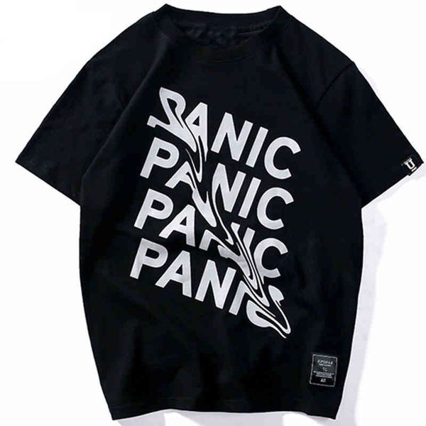 

men's t-shirts lacible men panic tshirt cotton streetwear tees summer short sleeve bending creative letters hip hop t-shirts, White;black