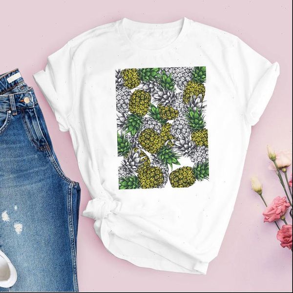 

women graphic short sleeve t shirt cartoon pineapple fruit fashion printed lady tees clothing female womens, White