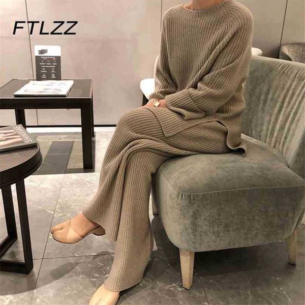 

sweater two piece sets women elegant long knitted pullover and straight pants outfits spring autumn woman tracksuits clothes 210525, White