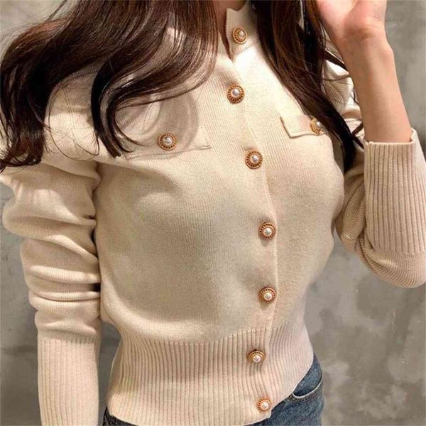 

women's knits white cardigan button jacket 2021 autumn winter fashion elegant ladies wild black sweaters coat