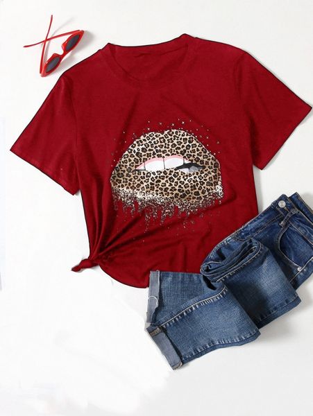 

plus leopard and mouth graphic tee c81l#, Black