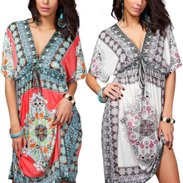 

bohemian ethnic plus size clothes dress deep with cleavage v casual sukienka dresses feminine fashion bathrobe femme 2021 boho hippie, Black;gray