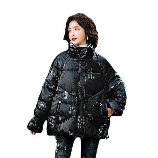 

wash down cotton padded clothes women's 2021 winter tide fried street bright face short thickened loose small coat, Black