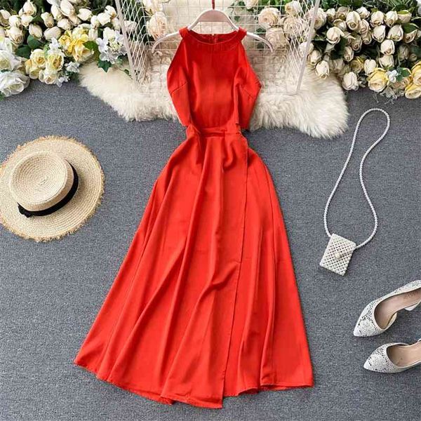 

summer fashion temperament maxi vestidos female halter neck round strapless waistless split solid color dress c465 210507, Black;gray