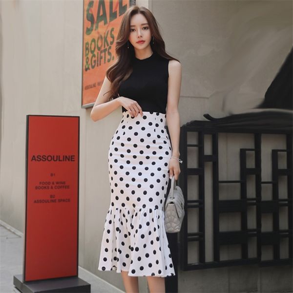 Büro 2-teiliges Set Anzug für Frauen Sommer Korea Schwarze Gestrickte Tops Weißer Punkt Langer Rock Sexy Damen Formal 210602