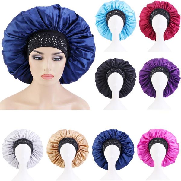 

beanie/skull caps fshion women satin night sleep cap hair bonnet hat silk head cover wide elastic band rhinestone sleeping headwear wrap, Blue;gray
