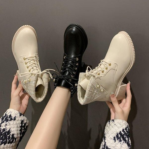 

boots lady boots-women lace up autumn shoes round toe clogs platform luxury designer 2021 rock high heel mid-calf med fashion mi, Black