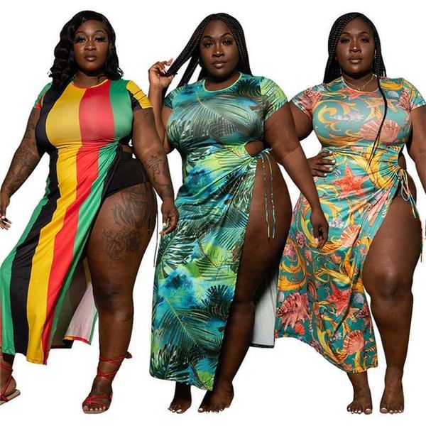 

dress plus size 5xl women wholesale summer print beatch style bodycon stretch slip hem bandage maxi dresses drop 211106, Black